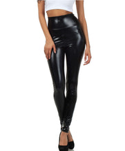 Charger l&#39;image dans la galerie, Shiny liquid metallic high waist stretch leggings, made in USA, shown in black color, highlighting bold style and fit.
