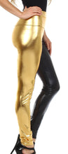 Charger l&#39;image dans la galerie, Shiny metallic high waist stretch leggings in gold and black, featuring a bold look, made in USA.
