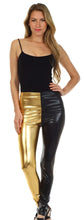 Charger l&#39;image dans la galerie, Gold and black shiny liquid metallic high waist leggings worn by model, featuring bold colors and stretchy fabric, made in USA.

