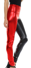 Charger l&#39;image dans la galerie, Shiny liquid metallic high waist stretch leggings in red and black, model wearing side view. Made in USA by Sakkas.
