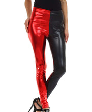 Charger l&#39;image dans la galerie, Shiny liquid metallic high waist stretch leggings in red and black, made in USA, high-rise design with bold colors, available in S-XL sizes.
