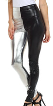 Charger l&#39;image dans la galerie, Woman wearing shiny metallic high waist stretch leggings in silver and black, showcasing bold color and sleek style. Made in USA.

