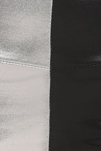 Charger l&#39;image dans la galerie, Close-up of shiny liquid metallic high waist leggings in bold black and silver colors, showcasing fabric texture.
