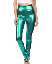 Charger l&#39;image dans la galerie, Shiny liquid metallic high waist stretch leggings, bold green color, Sakkas brand, made in USA, high-rise style.
