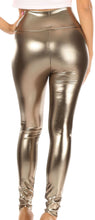 Charger l&#39;image dans la galerie, Shiny liquid metallic high waist stretch leggings with a bold color finish, designed and made in the USA, back view.
