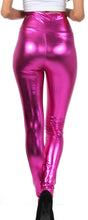 Charger l&#39;image dans la galerie, Shiny pink metallic high waist leggings, back view, made in USA, featuring a sleek tight fit ideal for bold fashion statements.
