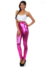 Charger l&#39;image dans la galerie, Model wearing shiny liquid metallic high waist stretch leggings in pink, paired with a white top. Made in USA. Available in multiple sizes.
