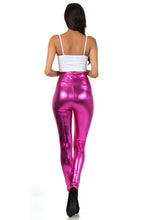 Charger l&#39;image dans la galerie, Pink shiny liquid metallic high waist stretch leggings worn by a model, showcasing bold color and high rise fit, made in USA.
