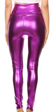 Charger l&#39;image dans la galerie, Shiny liquid metallic high waist stretch leggings in bold purple, made in USA, featuring ultra-fitted design and high rise waistband.
