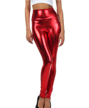 Charger l&#39;image dans la galerie, Shiny red metallic high waist stretch leggings, bold color, USA-made, featuring a high rise design. Available in sizes S to XL.

