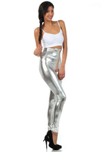 Charger l&#39;image dans la galerie, Shiny liquid metallic high waist stretch leggings, made in USA, modeled with a white top and black heels, Sakkas fashion

