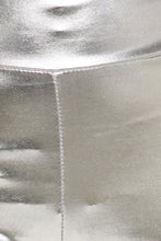 Charger l&#39;image dans la galerie, Close-up of shiny liquid metallic high waist stretch leggings made in USA, showcasing bold design and fine stitching.
