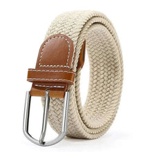 Load image into Gallery viewer, Elastic vegan leather belt with alloy buckle in beige, offering adjustable comfort and style; perfect for daily wear and fashion elevation.
