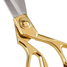 Load image into Gallery viewer, Close-up of eZthings heavy duty scissors with gold handles and sharp blades for cutting arts and crafts fabrics.
