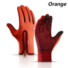 Cargar imagen en el visor de la galería, Orange waterproof winter gloves with phone touch capability, featuring a zip closure for optimal warmth and smartphone use.
