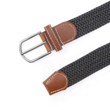 Load image into Gallery viewer, Elastic leather belt with alloy buckle, vegan leather, flexible design for comfort and style, shown in close-up with stitching detail.
