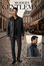 Load image into Gallery viewer, Man in a leather jacket standing on a city street with 'Modern Gentleman' branding.
