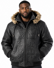Cargar imagen en el visor de la galería, Man wearing Original Detroit High Roller Jacket by REED with unique embossed design and fur collar, showcasing style and luxury.
