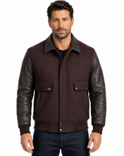 Load image into Gallery viewer, Man wearing REED leather varsity bomber jacket with wool body and leather sleeves, made in USA, classic and stylish design.
