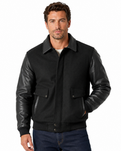 Load image into Gallery viewer, Man wearing REED leather varsity bomber jacket with wool body and leather sleeves, made in USA, classic and stylish design.
