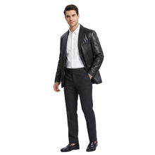 Load image into Gallery viewer, Man wearing a black leather jacket and pants on a white background
