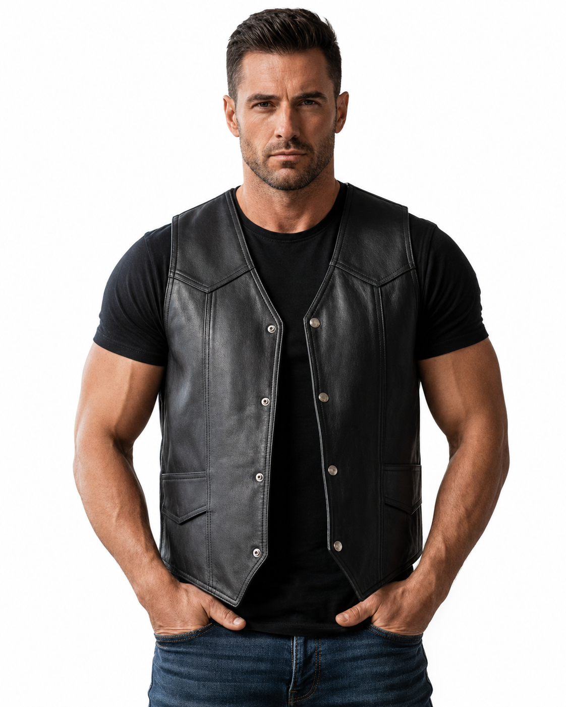 REED Men's Soft Durable Motorcycle Leather Vest Black, 2 Inside Pockets