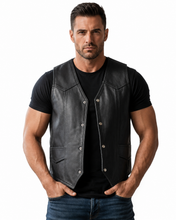 Load image into Gallery viewer, Man wearing a black leather vest, black t-shirt, and blue jeans
