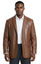 Load image into Gallery viewer, Man wearing a brown leather jacket and dark pants on a white background
