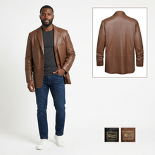 Load image into Gallery viewer, Man wearing a brown leather jacket with a close-up of the jacket and Reed brand packaging on a white background.
