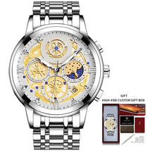 Load image into Gallery viewer, Men&#39;s stainless steel watch with gold accents, visible gears, comes with a high-end custom gift box for elegant presentation.
