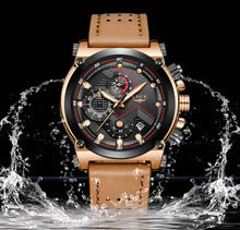 Load image into Gallery viewer, Lige Watch Edited with leather strap and intricate dial design, showcasing waterproof feature against a dynamic water backdrop.
