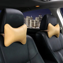 Load image into Gallery viewer, PU leather car neck pillow on car seat for head pain relief and comfort, vegan leather, imported, city skyline background
