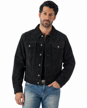 Charger l'image dans la galerie, Model wearing REED Men's Western Jean Style Suede Leather Shirt Jacket, showcasing a sleek and sophisticated masculine look.
