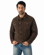 Charger l'image dans la galerie, Model wearing REED Men's Western Jean Style Suede Leather Shirt Jacket, showcasing a sleek and sophisticated masculine look.
