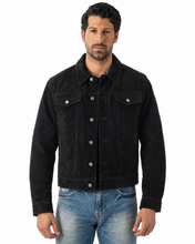 Charger l'image dans la galerie, Model wearing REED Men's Western Jean Style Suede Leather Shirt Jacket, showcasing a sleek and sophisticated masculine look.
