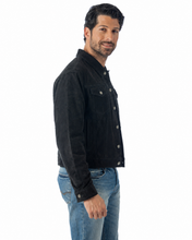 Charger l'image dans la galerie, Model wearing REED Men's Western Jean Style Suede Leather Shirt Jacket, showcasing a sleek and sophisticated masculine look.
