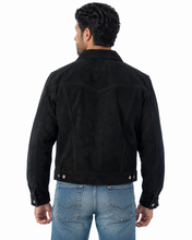 Charger l'image dans la galerie, Model wearing a back REED Men's Western Jean Style Suede Leather Shirt Jacket, showcasing a sleek and sophisticated masculine look.
