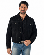 Charger l'image dans la galerie, Model wearing REED Men's Western Jean Style Suede Leather Shirt Jacket, showcasing a sleek and sophisticated masculine look.
