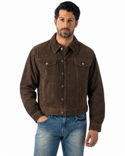 Charger l'image dans la galerie, Model wearing REED Men's Western Jean Style Suede Leather Shirt Jacket, showcasing a sleek and sophisticated masculine look.
