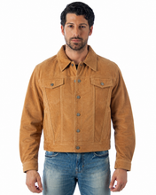 Charger l'image dans la galerie, Model wearing a camel REED Men's Western Jean Style Suede Leather Shirt Jacket, showcasing a sleek and sophisticated masculine look.
