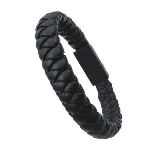 Black vegan leather phone charging cable bracelet - portable and stylish tech accessory.