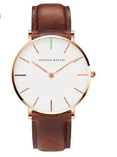 Load image into Gallery viewer, Rose Gold Dial Leather Watch with minimalist design and genuine brown leather strap, perfect for both casual and formal wear.
