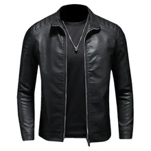 Load image into Gallery viewer, Men&#39;s vegan leather motorcycle jacket in black providing style and protection for riders.
