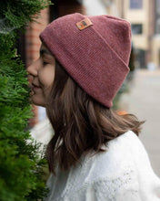 Charger l&#39;image dans la galerie, Person wearing NEW HAAKWEAR H-Stitch Cuffed Beanie - Designed and Made in USA (Patented Design) - Rusty Burgundy.
