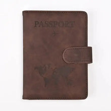 Load image into Gallery viewer, Brown PU leather passport holder with map design, vegan leather, perfect for organized travel and durable protection for essentials.
