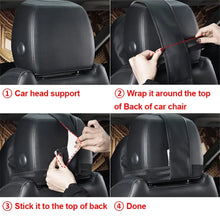 Load image into Gallery viewer, Step-by-step guide for installing a leather memory foam car pillow on a car headrest.
