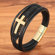 Load image into Gallery viewer, Elegant cross leather bracelet made of vegan leather with gold accents, an ideal heartfelt gift for loved ones, symbolizing eternal love.
