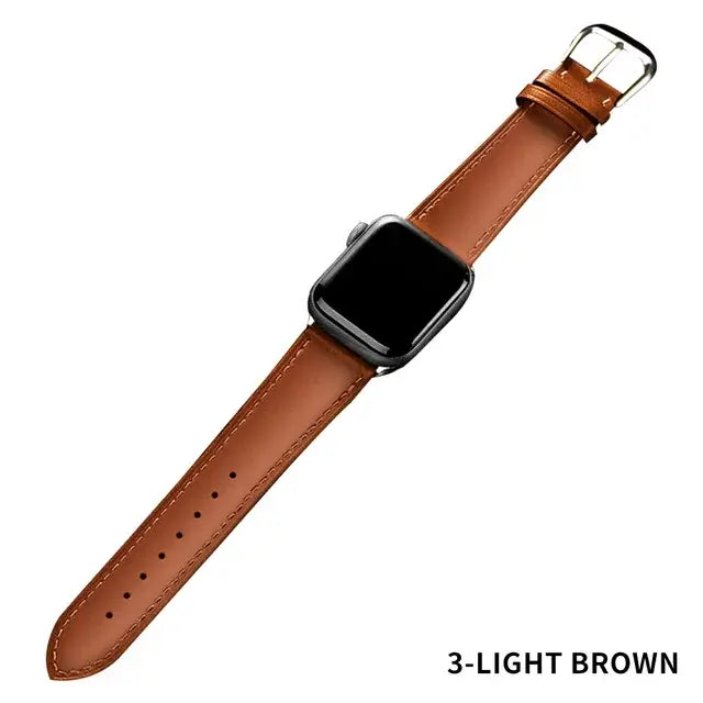 Light brown leather band for Apple Watch, compatible with Series 1-5, shown in 38mm, 40mm, 42mm, 44mm sizes.