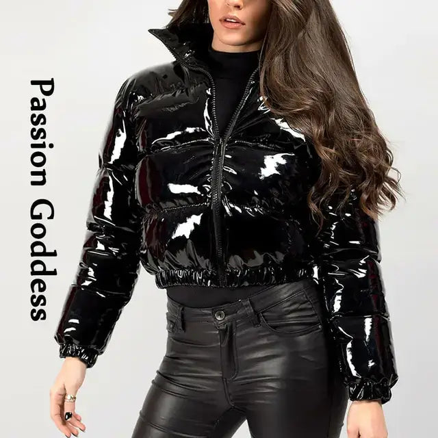 Shiny PU Leather Winter Jacket in glossy black finish for stylish winter fashion.