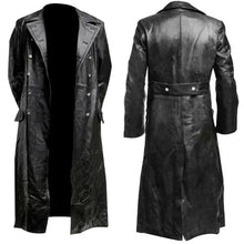 Load image into Gallery viewer, Black vegan leather trench coat with button closure and lapel collar, front and back view. Stylish outerwear for winter wardrobe.
